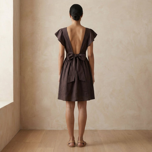 Brown Cotton Flax Open-Back Fit and Flare Knee Length Dress