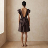Brown Cotton Flax Open-Back Fit and Flare Knee Length Dress