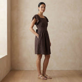 Brown Cotton Flax Open-Back Fit and Flare Knee Length Dress