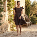 Brown Cotton Flax Open-Back Fit and Flare Knee Length Dress