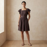 Brown Cotton Flax Open-Back Fit and Flare Knee Length Dress