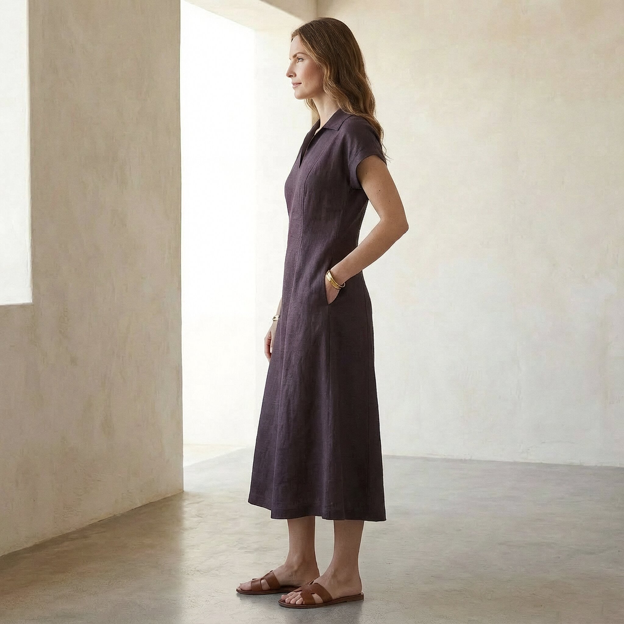 Brown Cotton Flax Paneled A-Line Midi Dress