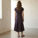 Brown Cotton Flax Paneled A-Line Midi Dress