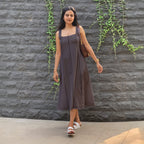 Brown Cotton Flax Paneled Midi Dress