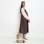 Brown Cotton Flax Paneled Midi Shift Dress