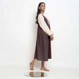 Brown Cotton Flax Paneled Midi Shift Dress
