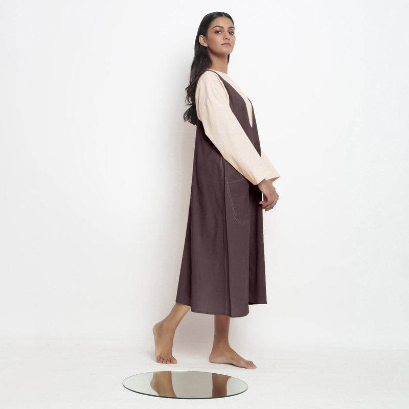 Brown Cotton Flax Paneled Midi Shift Dress