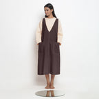 Brown Cotton Flax Paneled Midi Shift Dress