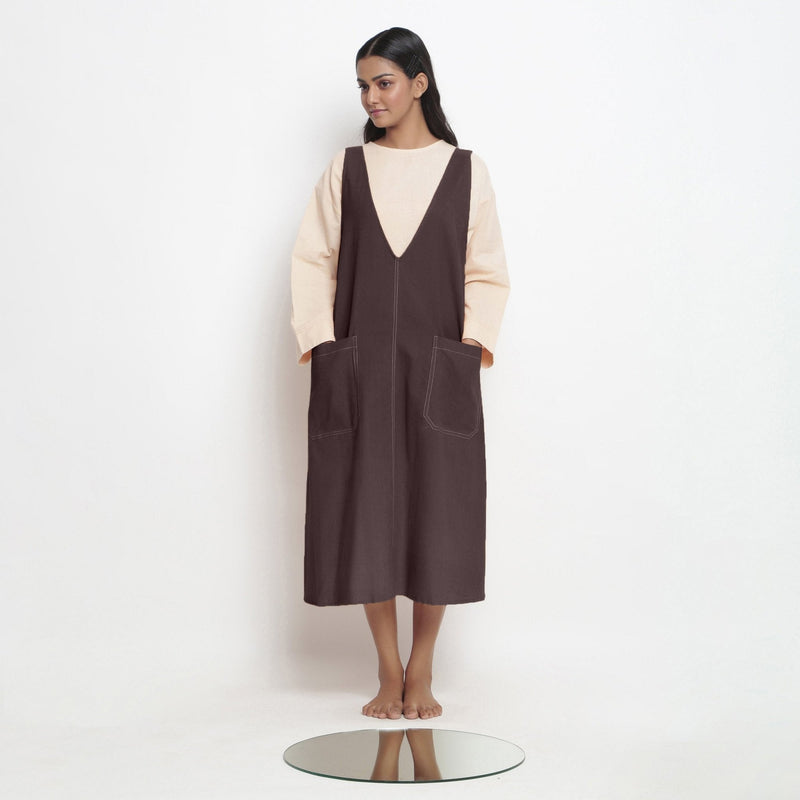 Brown Cotton Flax Paneled Midi Shift Dress