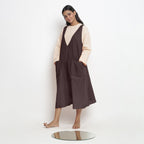 Brown Cotton Flax Paneled Midi Shift Dress