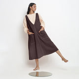 Brown Cotton Flax Paneled Midi Shift Dress