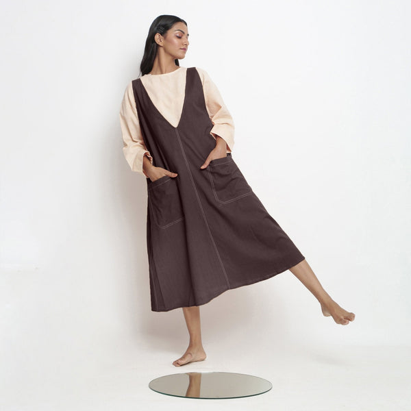 Brown Cotton Flax Paneled Midi Shift Dress