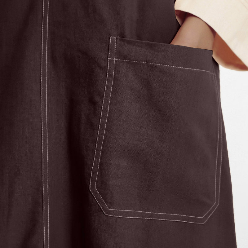 Brown Cotton Flax Paneled Midi Shift Dress