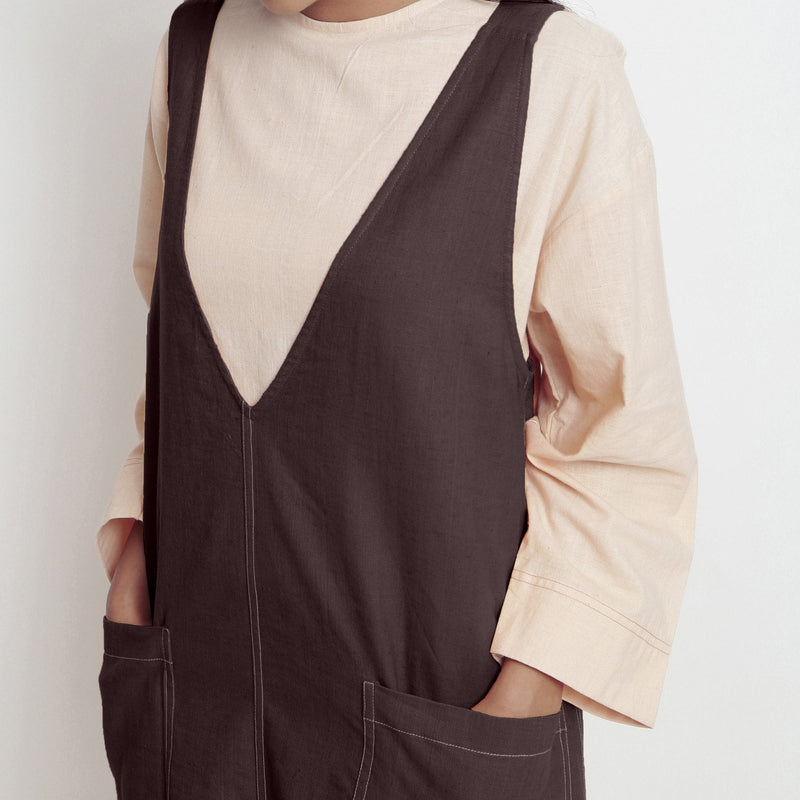 Brown Cotton Flax Paneled Midi Shift Dress