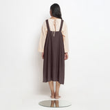 Brown Cotton Flax Paneled Midi Shift Dress
