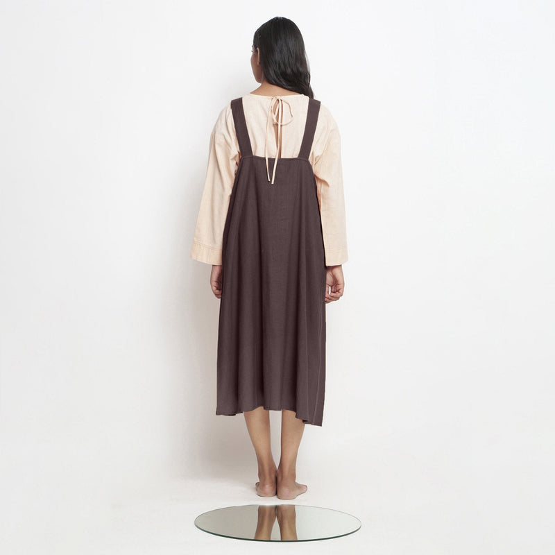 Brown Cotton Flax Paneled Midi Shift Dress