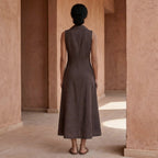 Brown Cotton Flax Paneled Sleeveless Maxi Dress
