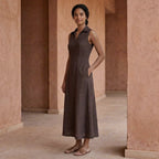 Brown Cotton Flax Paneled Sleeveless Maxi Dress