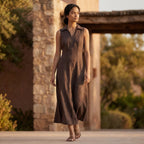 Brown Cotton Flax Paneled Sleeveless Maxi Dress