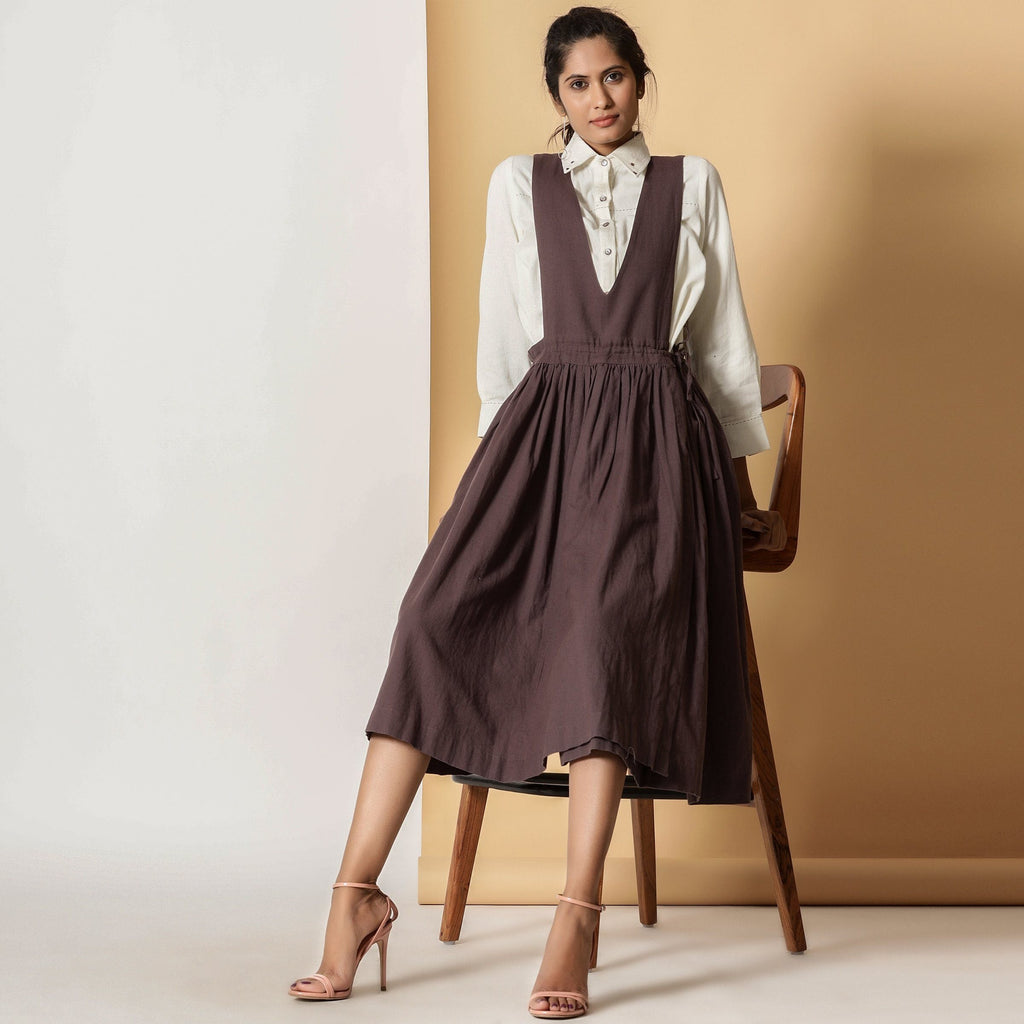 Front View of a Model wearing Brown Cotton Flax Pinafore Midi Wrap Dress