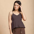 Front View of a Model wearing Brown Cotton Flax Slim Fit Pleated Camisole Top