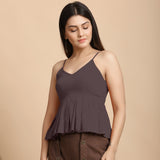 Left View of a Model wearing Brown Cotton Flax Slim Fit Pleated Camisole Top