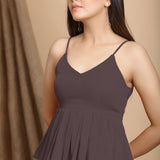 Front Detail of a Model wearing Brown Cotton Flax Slim Fit Pleated Camisole Top