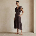 Brown Cotton Flax Ruffle Midi Wrap Dress
