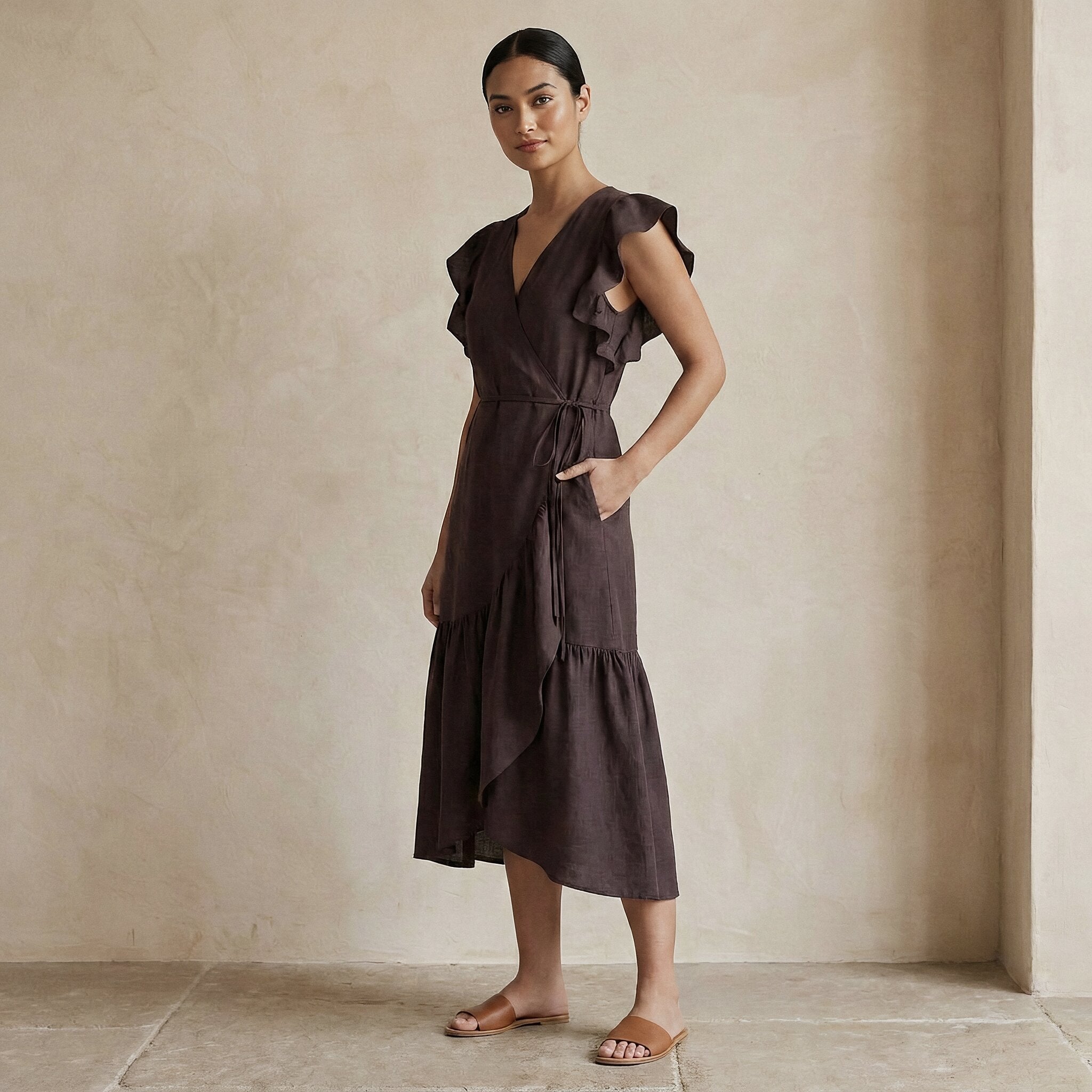 Brown Cotton Flax Ruffle Midi Wrap Dress