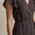 Brown Cotton Flax Ruffle Midi Wrap Dress