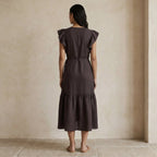 Brown Cotton Flax Ruffle Midi Wrap Dress