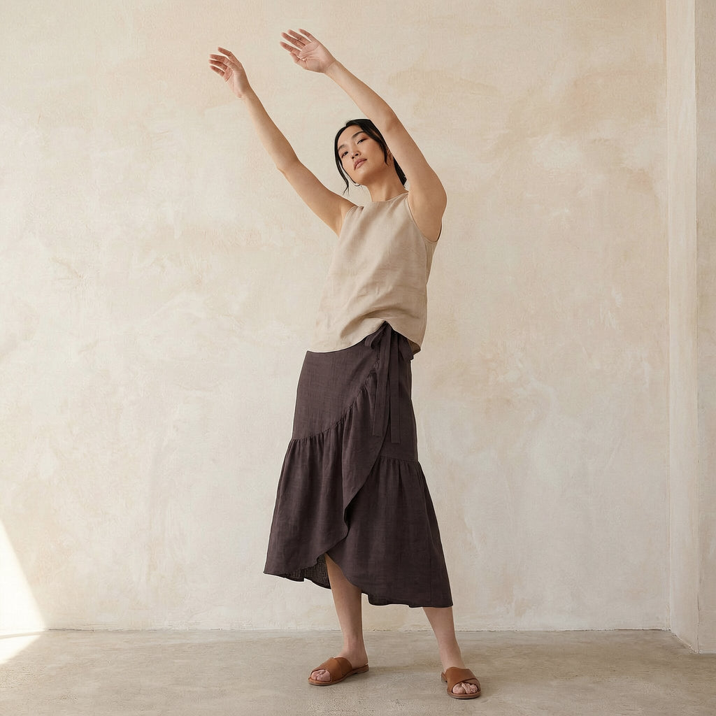 Brown Cotton Flax Ruffle Midi Wrap Skirt