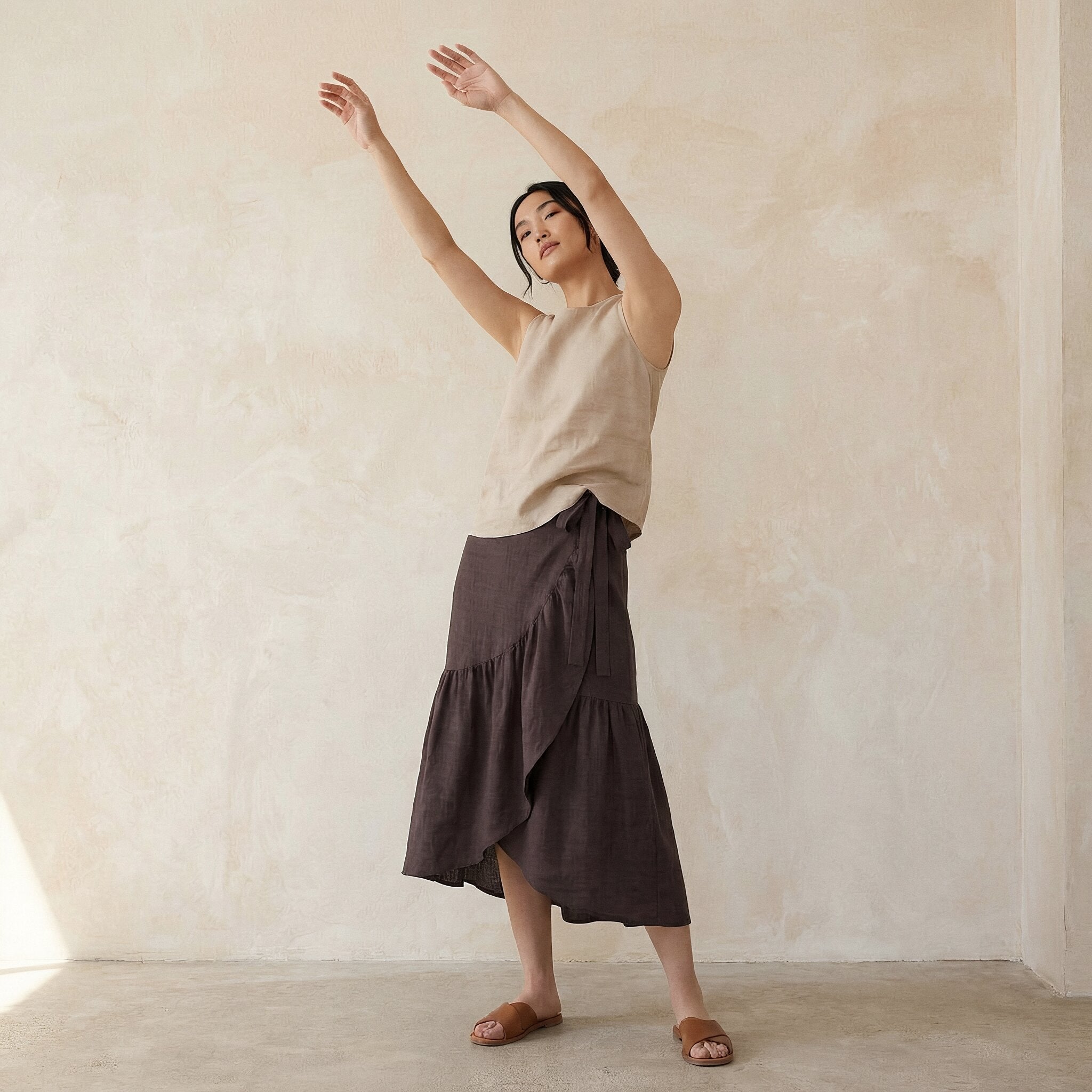 Brown Cotton Flax Ruffle Midi Wrap Skirt