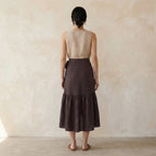 Brown Cotton Flax Ruffle Midi Wrap Skirt