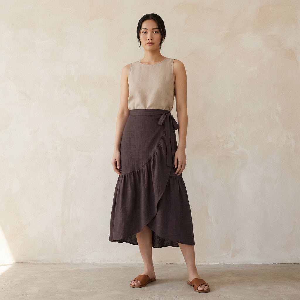 Brown Cotton Flax Ruffle Midi Wrap Skirt