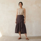 Brown Cotton Flax Ruffle Midi Wrap Skirt