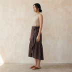 Brown Cotton Flax Ruffle Midi Wrap Skirt