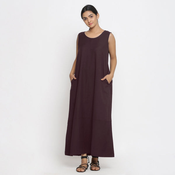 Brown Cotton Flax Scoop Neck Sleeveless Maxi Dress