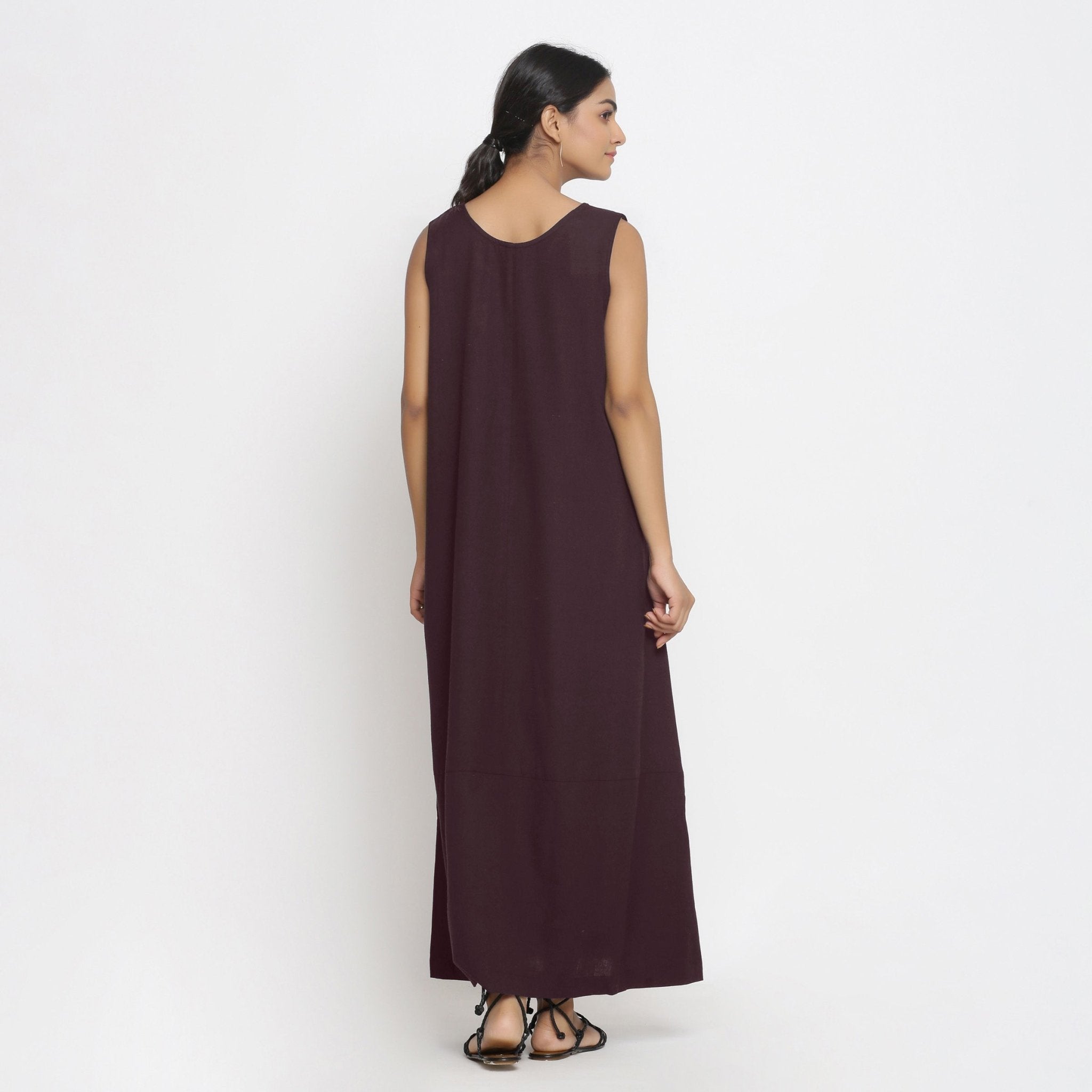 Brown Cotton Flax Scoop Neck Sleeveless Maxi Dress