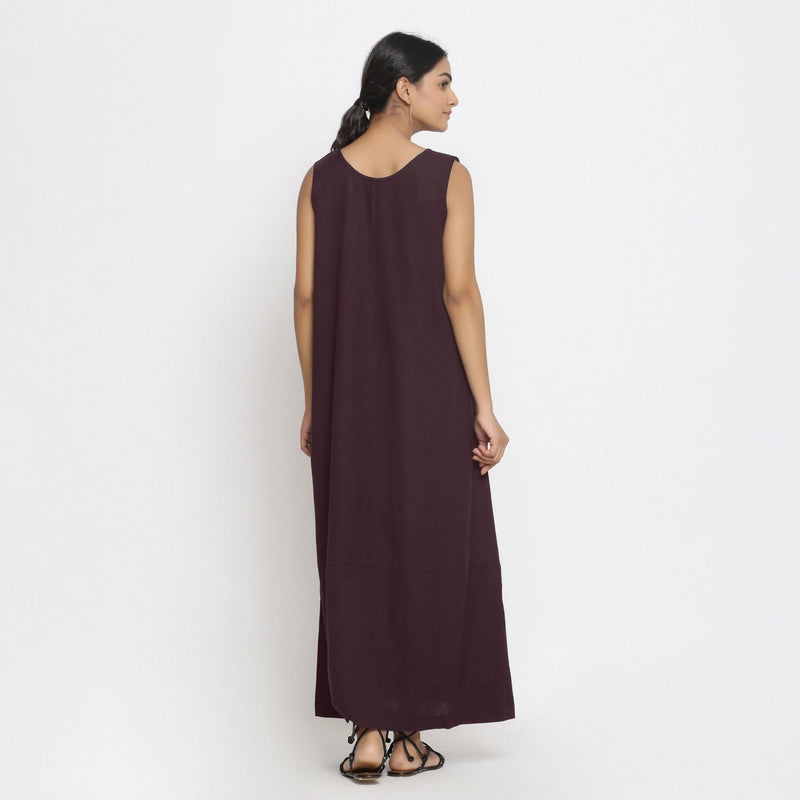 Brown Cotton Flax Scoop Neck Sleeveless Maxi Dress