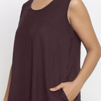 Brown Cotton Flax Scoop Neck Sleeveless Maxi Dress