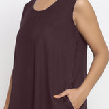 Brown Cotton Flax Scoop Neck Sleeveless Maxi Dress