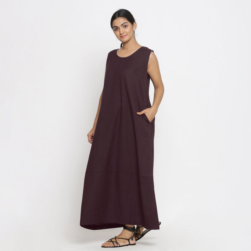 Brown Cotton Flax Scoop Neck Sleeveless Maxi Dress