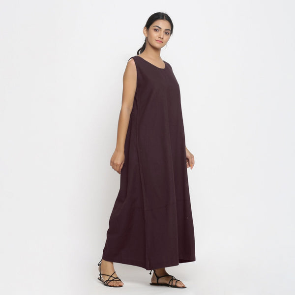 Brown Cotton Flax Scoop Neck Sleeveless Maxi Dress