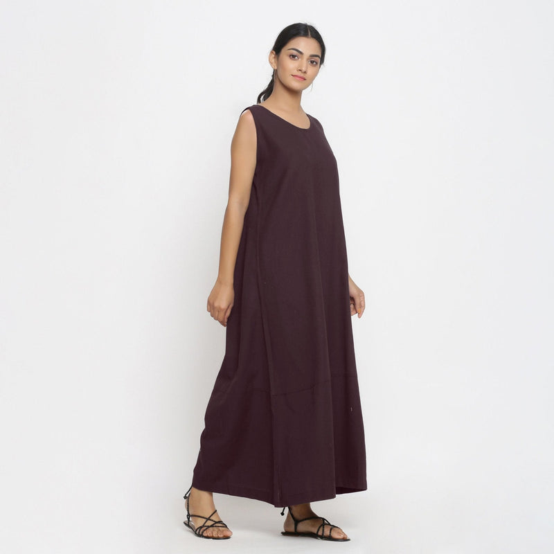 Brown Cotton Flax Scoop Neck Sleeveless Maxi Dress