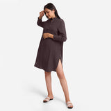 Front View of a Model wearing Brown Cotton Flax Shirt Dress