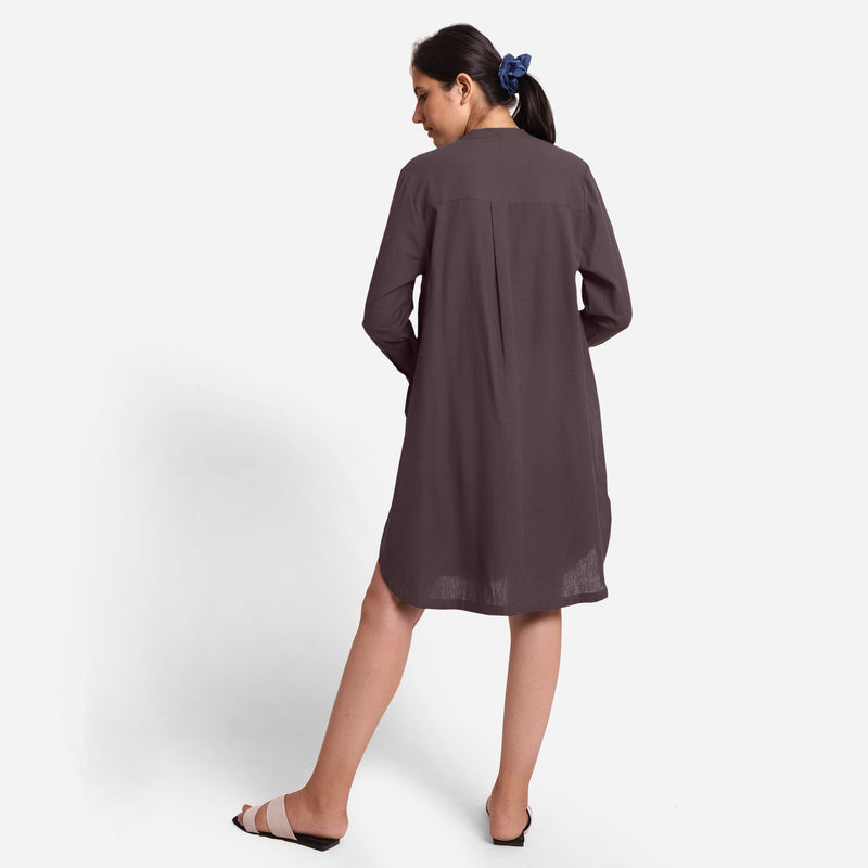 Back View of a Model wearing Brown Cotton Flax Shirt Dress