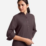 Front Detail of a Model wearing Brown Cotton Flax Shirt Dress