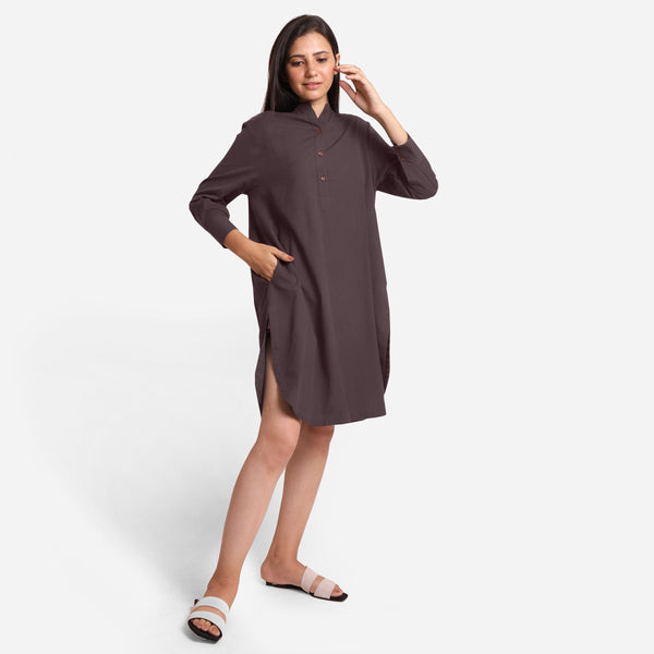 Front View of a Model wearing Brown Cotton Flax Shirt Dress