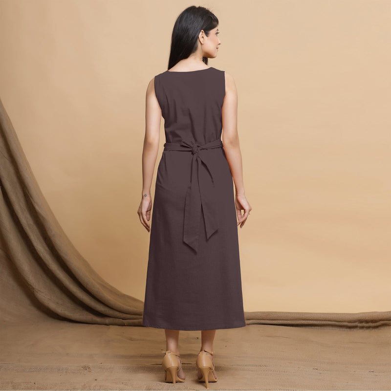 Brown Cotton Flax Sleeveless A-Line Midi Dress